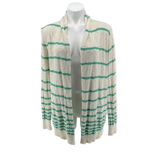 Forever 21 Creme Green Striped Open Front Nubby-Knit Cardigan Sweater Medium - Picture 1 of 12